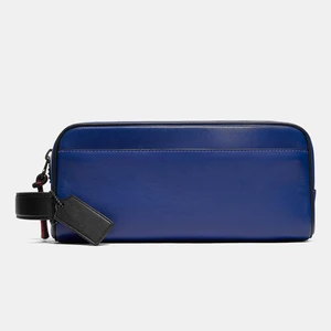 Custom Logo Smooth Vegan Leather Blue Men's Toiletry Wash Bag Travel Shaving Dopp Kit for Men