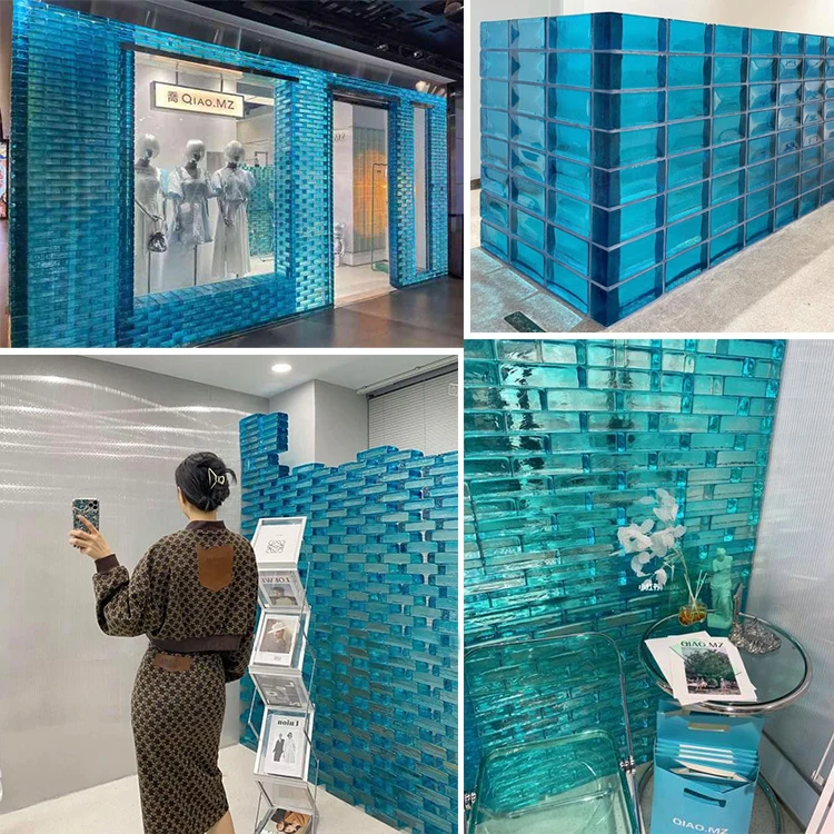 Blue Color Glass Brick Block for Showcase Wall Crystal Hot Melt Building Glass Blocks Bricks Rectangular Solid Glass Bricks Wall