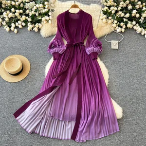 Oversized Dress Two-Piece Set for Women Autumn 3D Floral Puff Sleeve Tie-Waist Long Dress with Cape Coat Ladies Suit