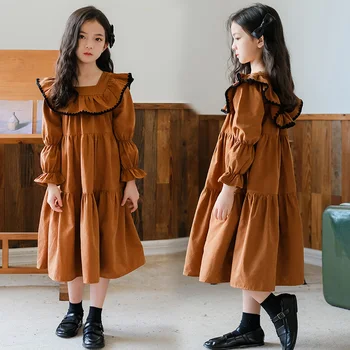 Factory Cheap Spring Autumn Children Loose Lantern sleeves Dress with Ruffle Edge Western Style Princess Dress for Little girls