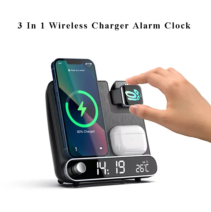 3 In 1 Wireless Charger Clock Led Display Qi 15w Fast Charge Digital