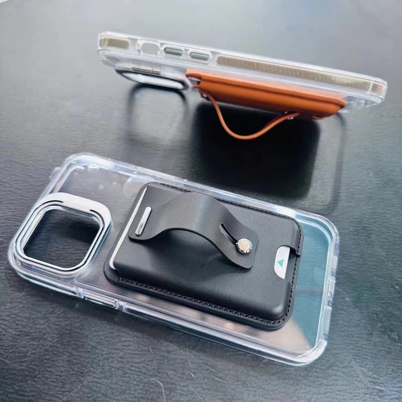 Ready to Ship Leather Magnet Smart Phone ID Card Holder Wallet External Slot Pocket for iPhone with 1 Metal Ring Sticker