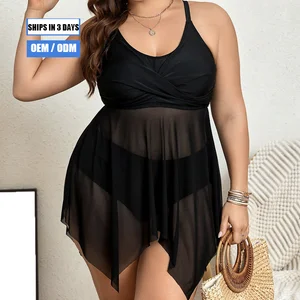 2026 High Elastic Polyester Tanknit Round Neck Swimsuit, Solid Color, Plus Size, Two-Piece Bikini Vest