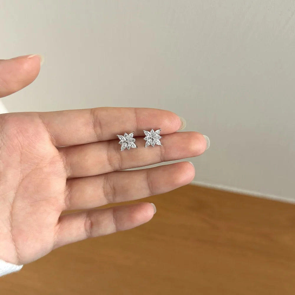 KAKODIY Fashion Fine Rhodium Plated 925 Sterling Silver Unchanged 5A Cubic Zirconia Snowflake Shaped Earrings for Women detail 3