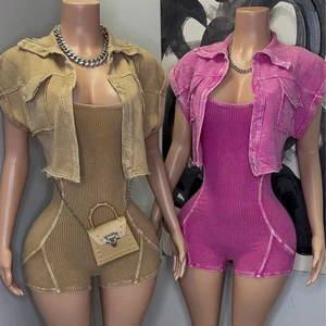 Huili Activewear Manufacturers Custom Logo Vintage Acid Wash Outfits Two Piece Shorts Set Gym Outfits Sports Jumpsuits for Women