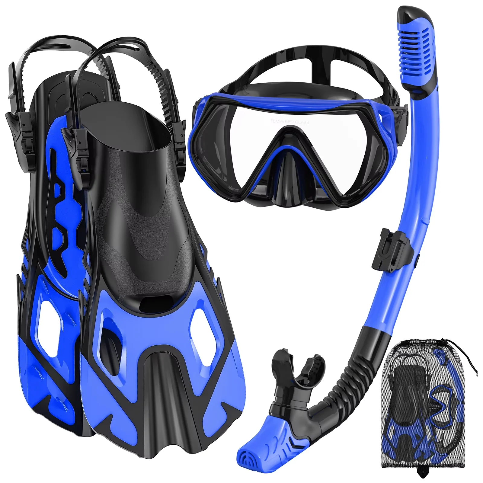 Snorkel Diving Mask Training Fins Flippers Three Piece Set Waterproof Double Lens Tempered Glass Lenses Portable Swimming_voghion.com