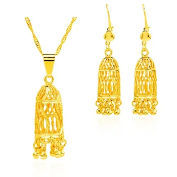 Ethlyn Indian Jewelry for Women 18k Gold Plated Vintage Boho Ethnic Long Drop Earrings Pendant Necklace Jewelry Sets S012
