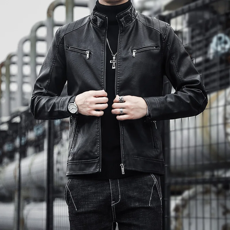 Men's Leather Jacket Solid Colour Korean Style Stand Collar Coat_voghion.com