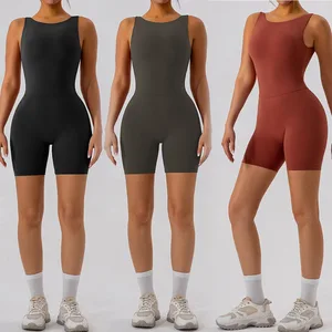 Custom Gym Fitness Set Solid Color Nylon Casual Shorts Bodysuits Summer Sleeveless Workout Athletic Backless Rompers Jumpsuits