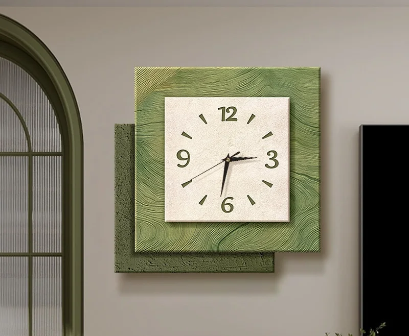 Green Textured Wall Clock Square Layered Design Silent Non Ticking Minimalist Wabi Sabi Modern Neutral Home Decor Living Room