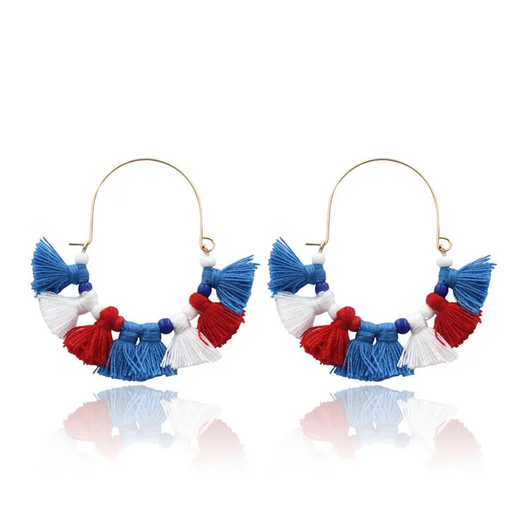Hot Sale Blue White Red Beaded Hoop Earrings 4th of July Independence Day Beaded Tassel Earrings Women