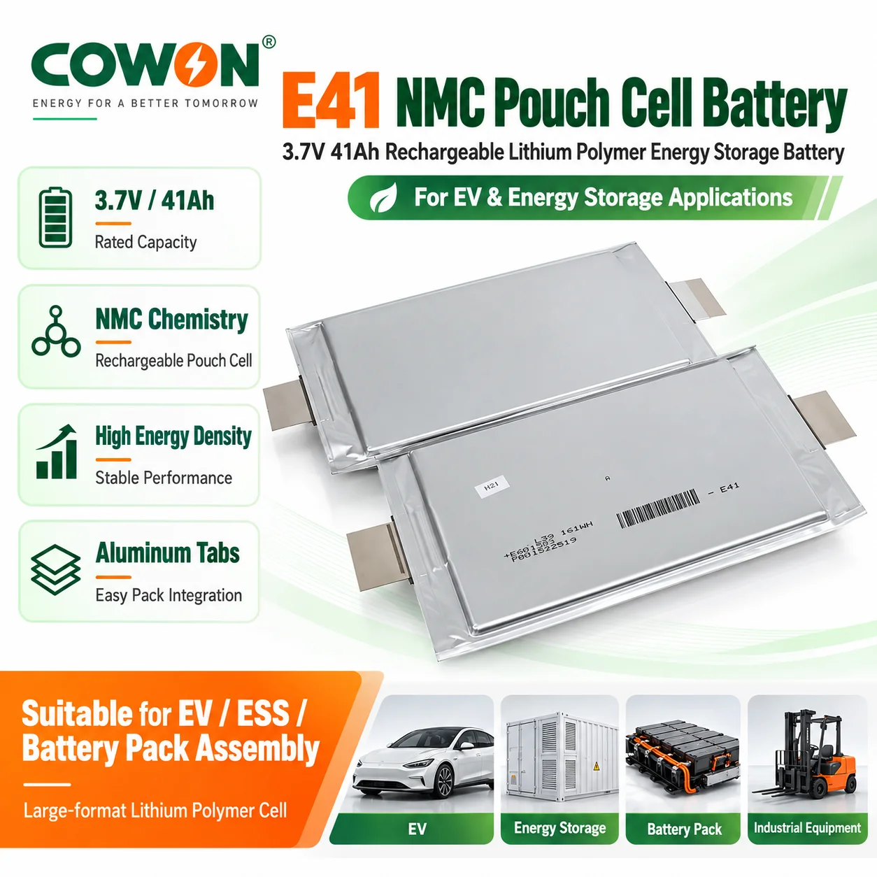 Lithium Polymer Energy Storage Battery Nmc Rechargeable E41 3.7v 41ah Pouch Cell Battery for Ev Electric