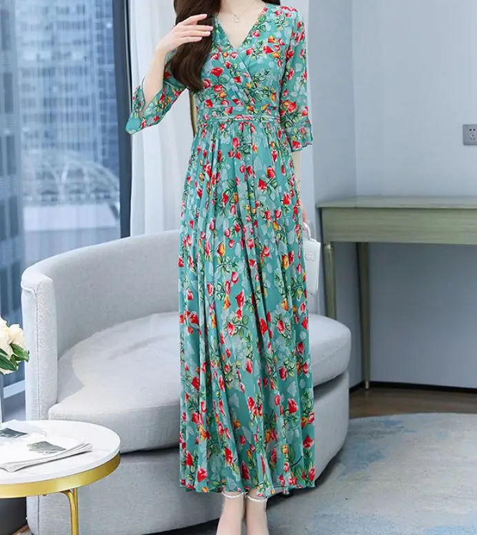 Customize Women's Printed Floral Chiffon Fit And Flare 3/4 Sleeve Midi ...