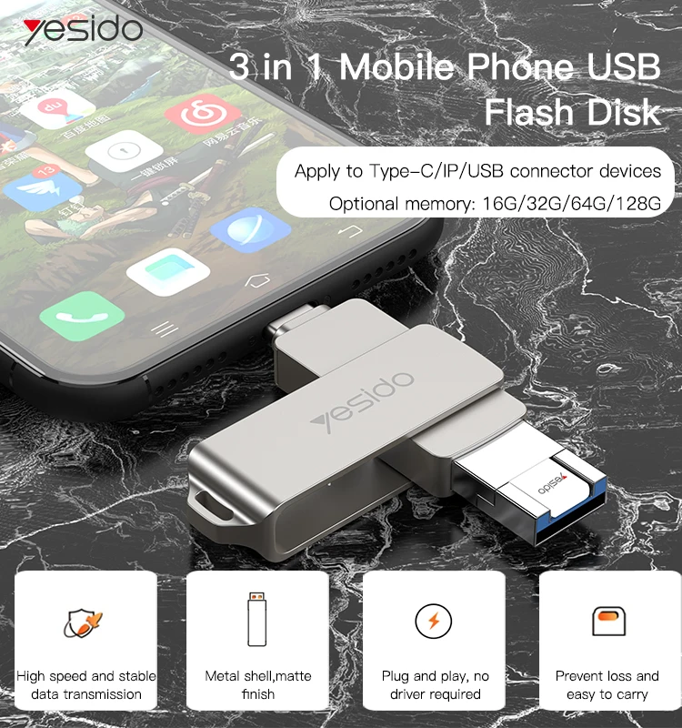 YESIDo New Design Zinc Alloy Shell with OTG Adapter Function USB Memory Sticks Memory Cards