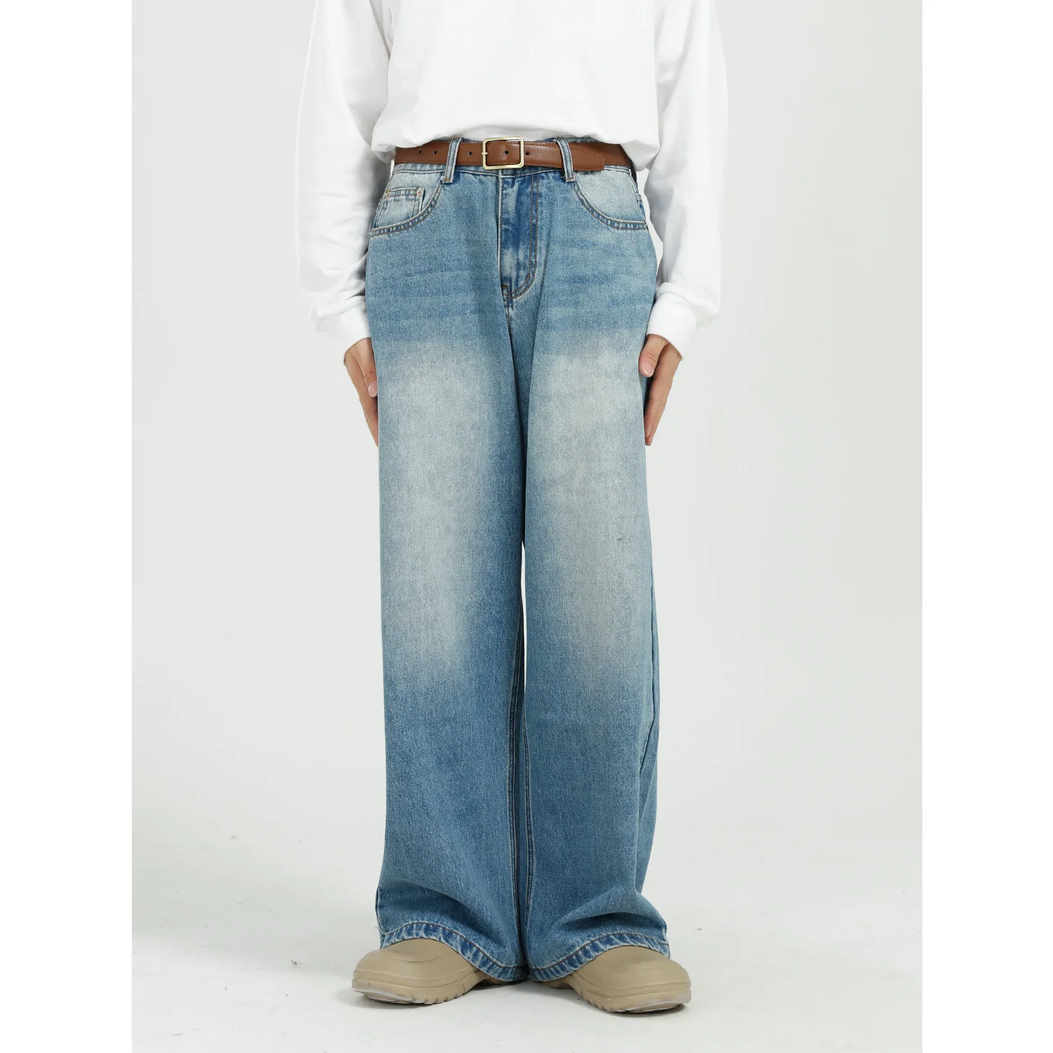 Korean Style Casual Straight Leg Blue Jeans for Men