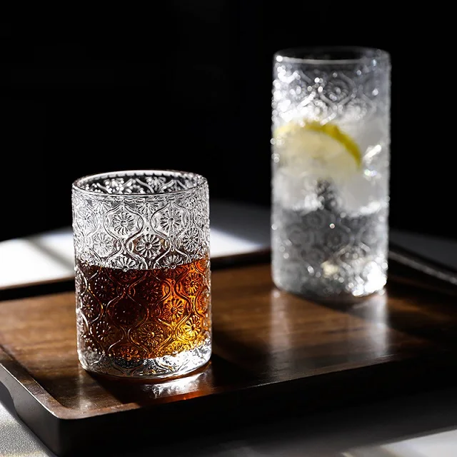 Kitchen Drinking Glasses with Embossed Style Vintage Ribbed Glassware for Iced Coffee Glass Tumbler 380ML