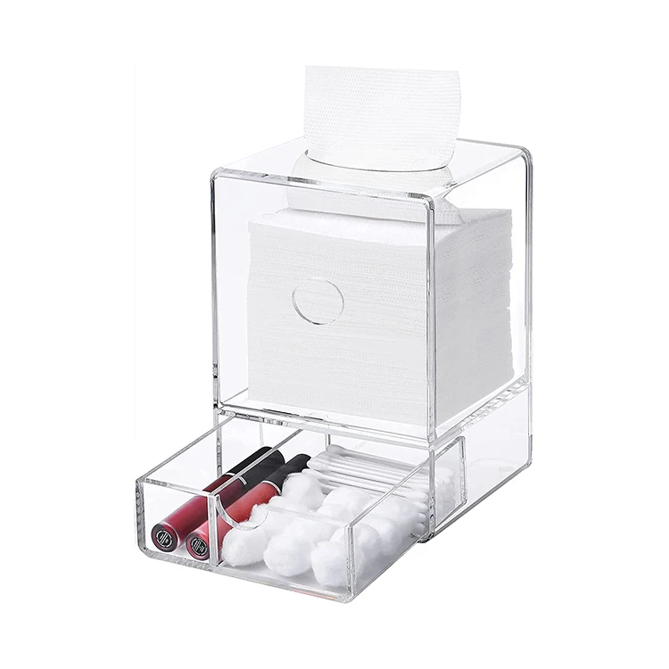 Clear Tissue Box Holder with Pull Out Drawer, Rectangle Dispenser Tissue Box  Cover and Cosmetic Organizer for Bathroom (9.3 x 7 x 5 In) 