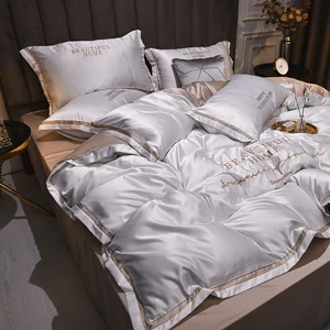 Luxury King Size Silk Satin Bedding Bedspread Bed Cover Embroidery 4 Pcs Bedspreds Set