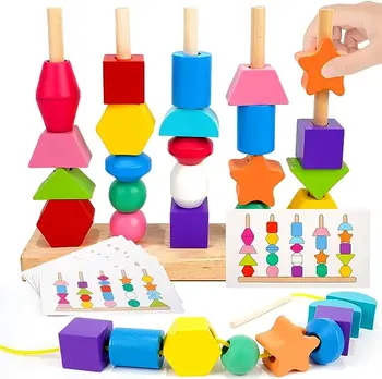 MI New Release Product 2024 Educational Montessori Wooden Stacking Block Wooden Beads Lacing Bead Toy For Children 3 To 6
