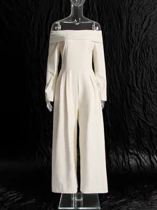 ODM OEM New Women's Off-Shoulder Spaghetti Strap Long-Sleeve Jumpsuit - Cream White Waist-Slim Wide-Leg Formal Work Romper