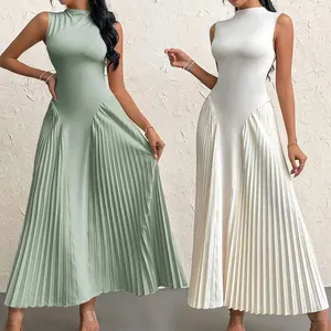 Huili Manufacturer Custom Print Crew Neck Sleeveless Solid Color Evening Luxury Prom Womens Long Elegant Pleated Maxi Dress