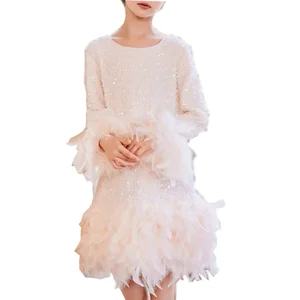 Wholesale Girls Long Sleeve Feather Sequin Party A-Line Dress for Spring&Fall Season