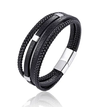 Custom Men Genuine Silver Stainless Steel Clasp Braided Leather bracelets men bracelet