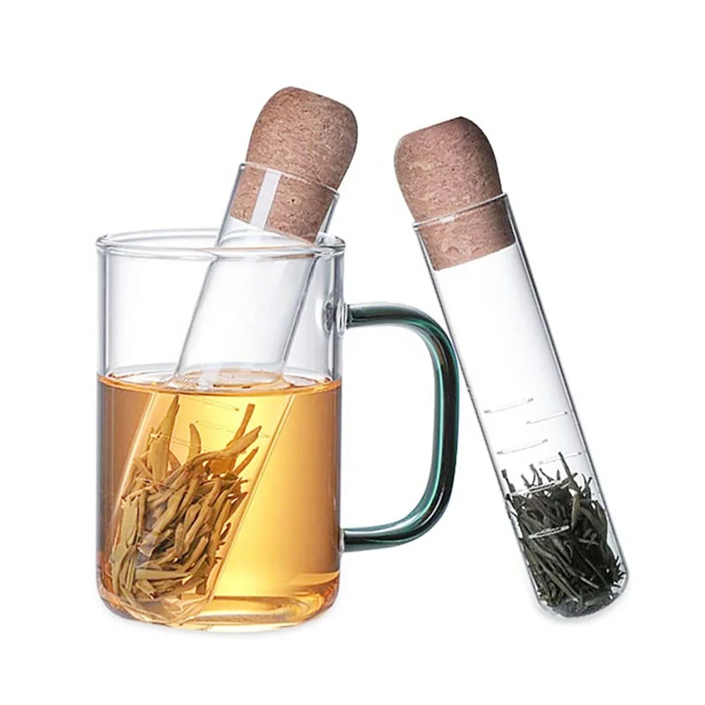 Latest Design Tube Shape Borosilicate Glass Tea Infuser Strainer with Cork Lid