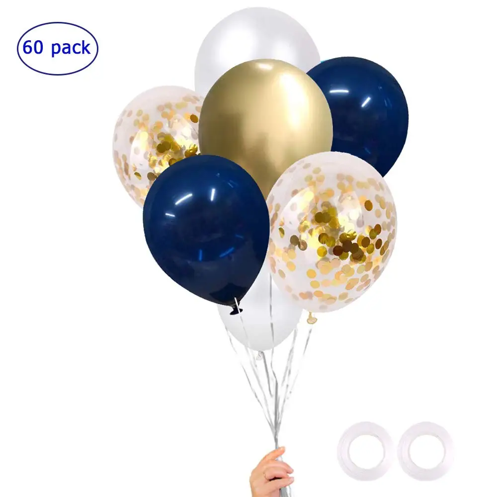 12 Inch Latex Balloons for Birthday Party Graduation 60PCS Upgraded Blue Balloons & Blue Confetti Balloons & White Balloons w/Ribbon Wedding Party Supplies or Arch Decorations 