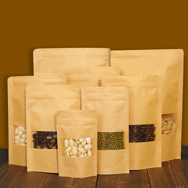 Customizable Kraft Paper Stand-Up Coffee Pouch Resealable Clear Window Printed Logo for Coffee and Pet Food Packaging