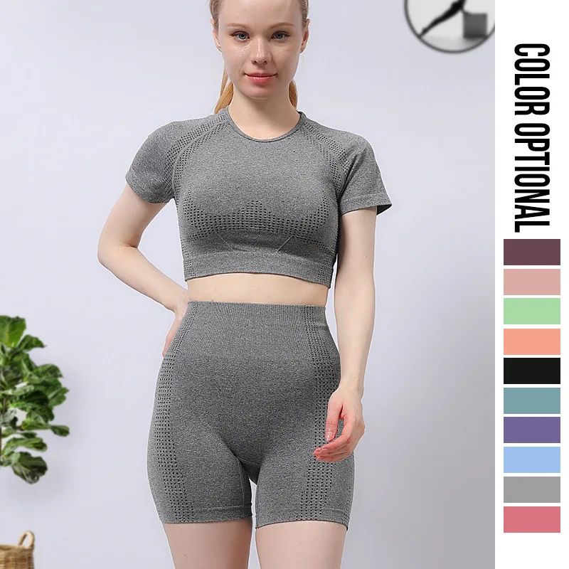 yoga 2 pieces sets fitness women Plain Seamless Short Sleeves Shirt and Scrunch Butt shorts set women gym clothes