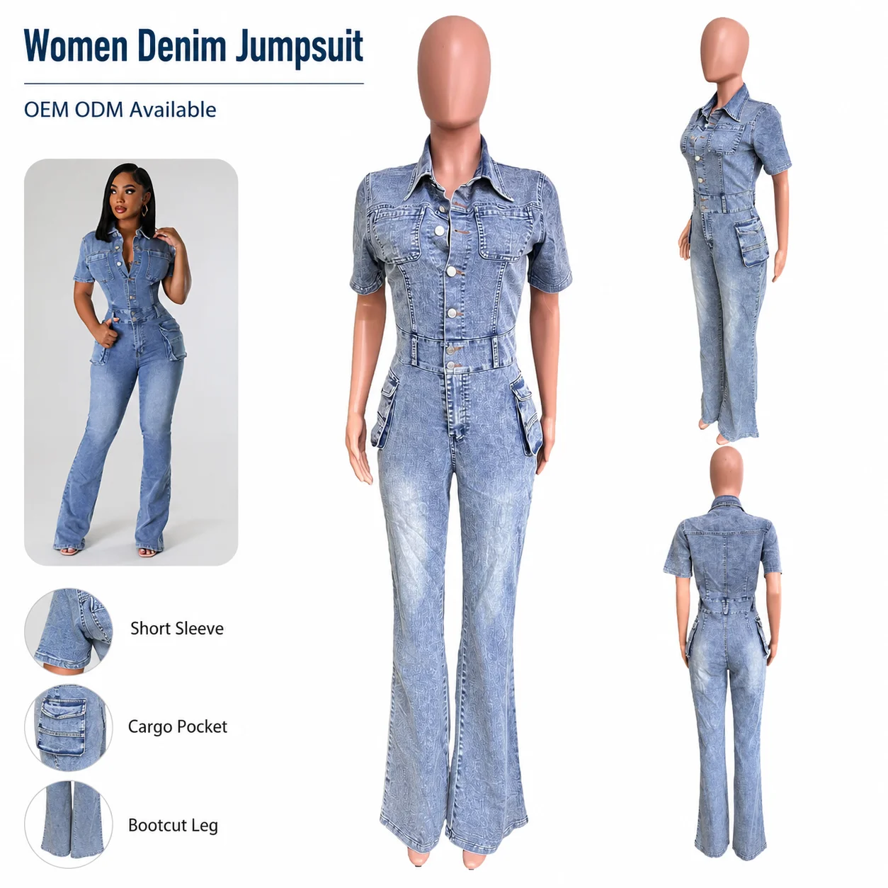 Stretch Washed Denim Jumpsuits for Women Casual Breathable Activewear 100% Cotton