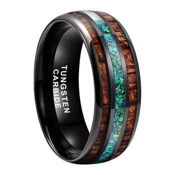 Coolstyle Jewelry 8mm Black Tungsten Ring for Men Women Engagement Wedding Band Fashion Jewelry Green Opal Koa Wood Inlay