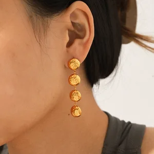 MW Ins 18K Gold PVD Plated Stainless Steel Hammered Half Ball Flower Drop Earring Hammer Drop Long Earrings for Women