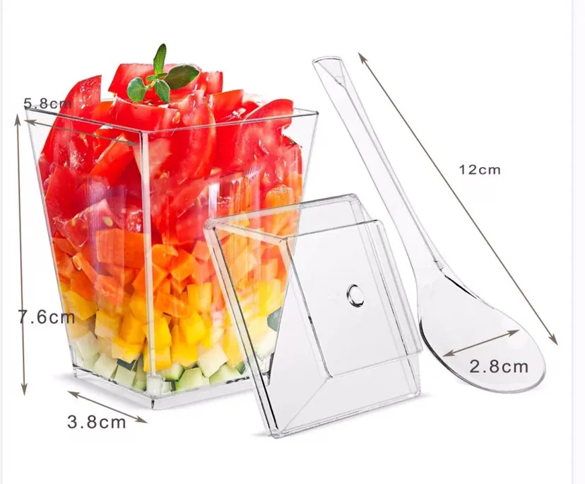 5oz Plastic Disposable Spoon Set with Lid, Transparent square Dessert Cup
