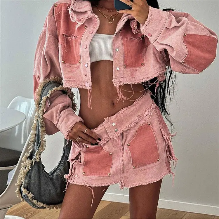 Denim Pink Mini Skirt & Pink Patchwork Jeans Set Fall 2024