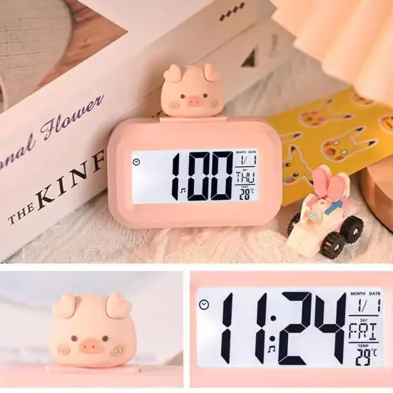 LED Digital Clock Cute Rome Decor Cartoon Pig Alarm Clock with Night Light Room Cute Watch Bedroom Bedside Ornaments
