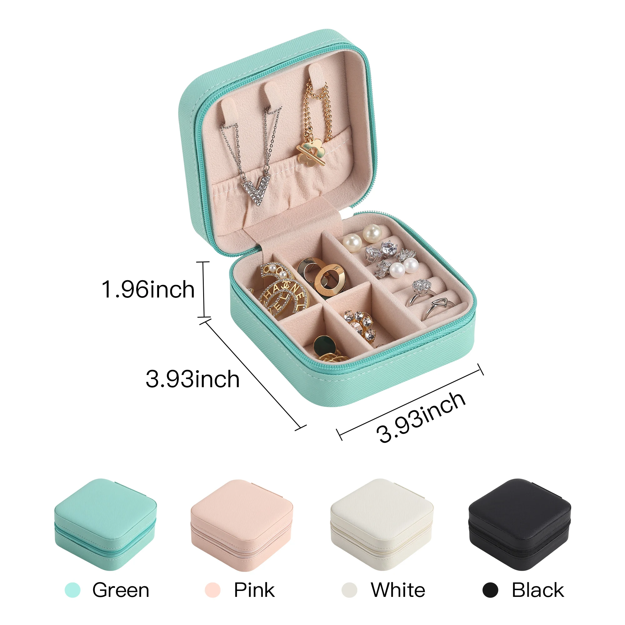 A1 Portable Square Shape Storage Jewelry Case Zipper Box Pu Leather Jewelry Boxes Necklace Pendant Earring Ring Organizer