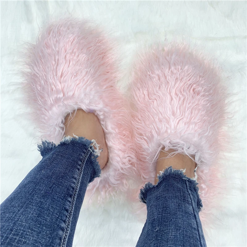 New Flat Plush Mongolia Fur Slides Indoor Bedroom House Women Plush Fluffy Shoes Luxury and comfort Fluffy slippers
