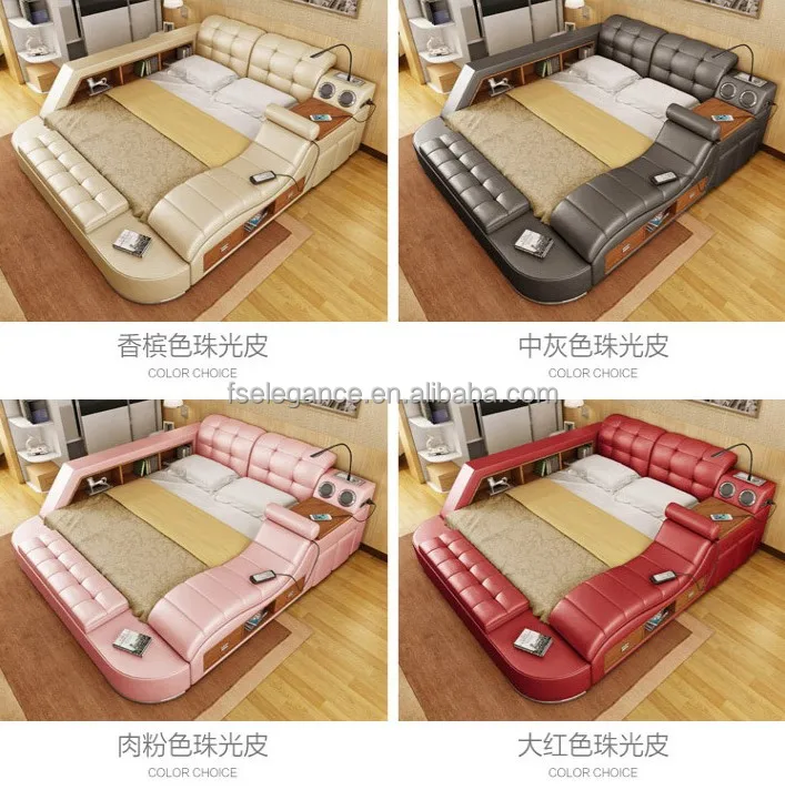 Luxury modern bedroom furniture storage multifunctional leather fabric message tatami king size wood beds