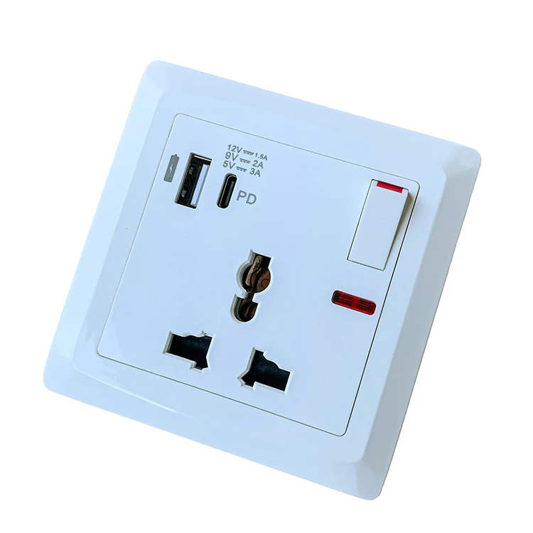 13A 3 Pin Universal Wall Socket Usb and Type C Electric Power Usb Switch Outlet Uk Wall Socket With Usb C Type