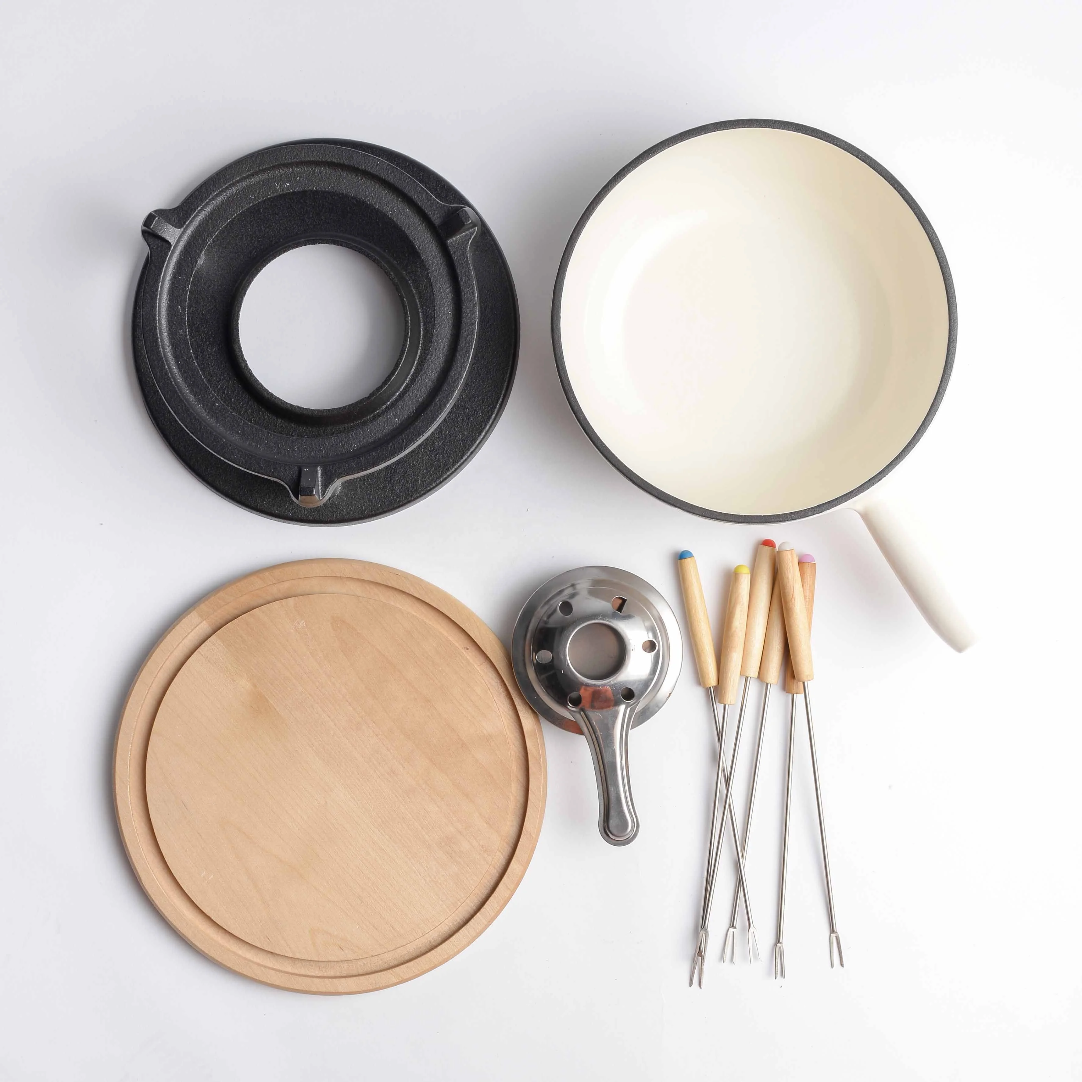 Enamel Cast Iron Fondue Set Cheese Chocolate Fondue Set With Wooden Base