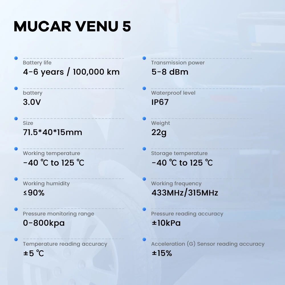 4 szt./zestaw MUCAR VENU 5 Czujnik TPMS Monitor ciśnienia w oponach samochodowych 315 MHz i 433 MHz Narzędzie do naprawy opon Nauka/Aktywacja/Programowanie