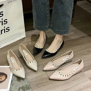 QuiteS 2026 Pointed Toe Rivet Single Shoes Elegant Slip-On Shallow Commuter Flat Sandals for Women