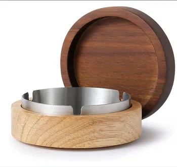 Smokers Stainless Steel Liner Ash Tray Windproof Durable Easy to Clean Cool Ashtrays Wooden Ashtray with Lid