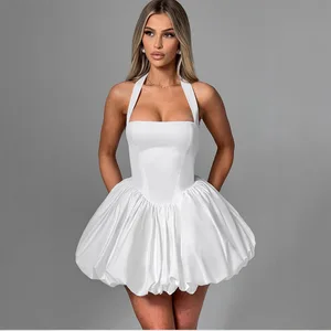 Direct Factory Polynesian Wholesale Casual A-Line Skirt with Custom Square Collar Mini Pleated Halter White Dress for Women