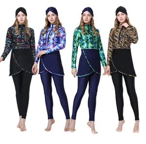 Women's Modest 3-Piece XXL Print One-Piece Swimwear Set Quick Dry Muslim Bathing Suits Zipper Decoration OEM Service Pants