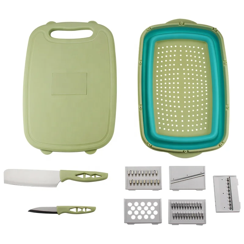 Multifunctional 9 in 1 Foldable Cutting Board With Collapsible Colander and Vegetable Chopper Slicer