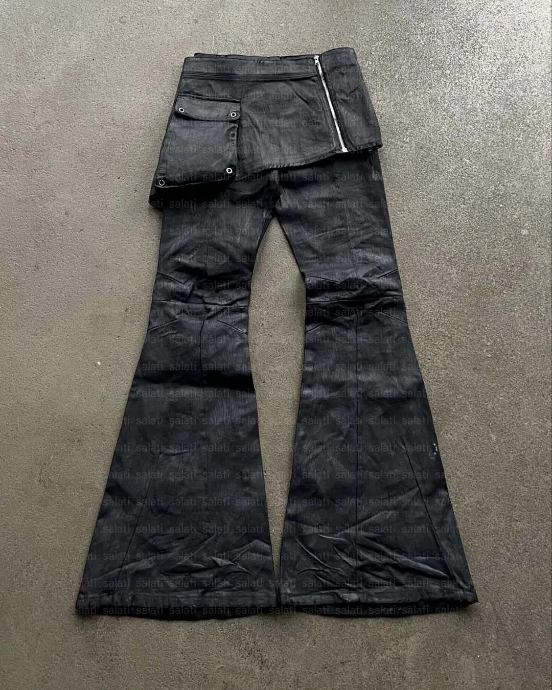 Salati Custom Punk Hip Hop Streetwear Double Layer Bootcut Waxed Leather Flared Stacked Detachable Skirt Denim Pant Jean for Men gallery 3