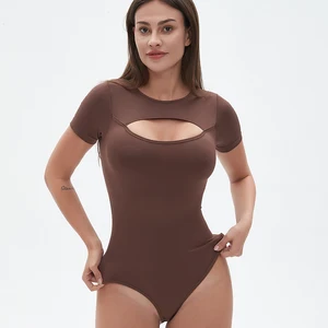 Hygieia Custom Short-Sleeve Hollow-Out Tummy Control Bodysuit Shapewear Compression Slimming Thong Body Shaper for Women